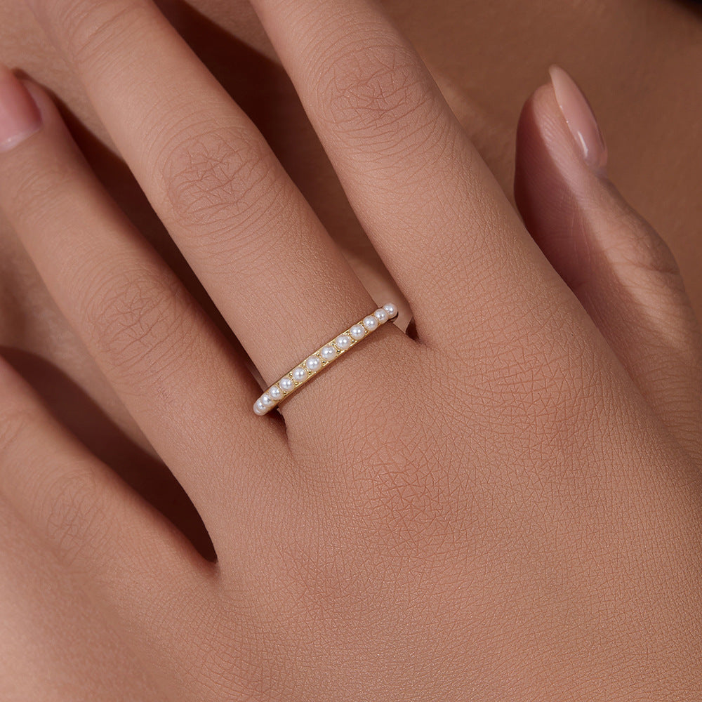 S925 Silver Elegant Solitaire Pearl Band - Unique Chic Aesthetic Ring