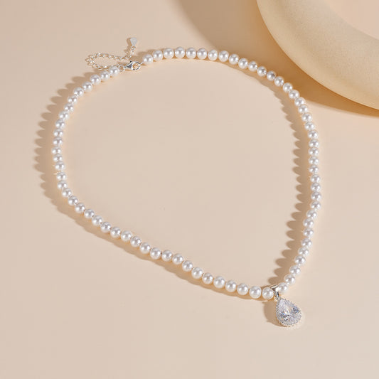 Sterling Silver Dainty Teardrop Charm Pearl Necklace for Women, Modern Chic Aesthetic