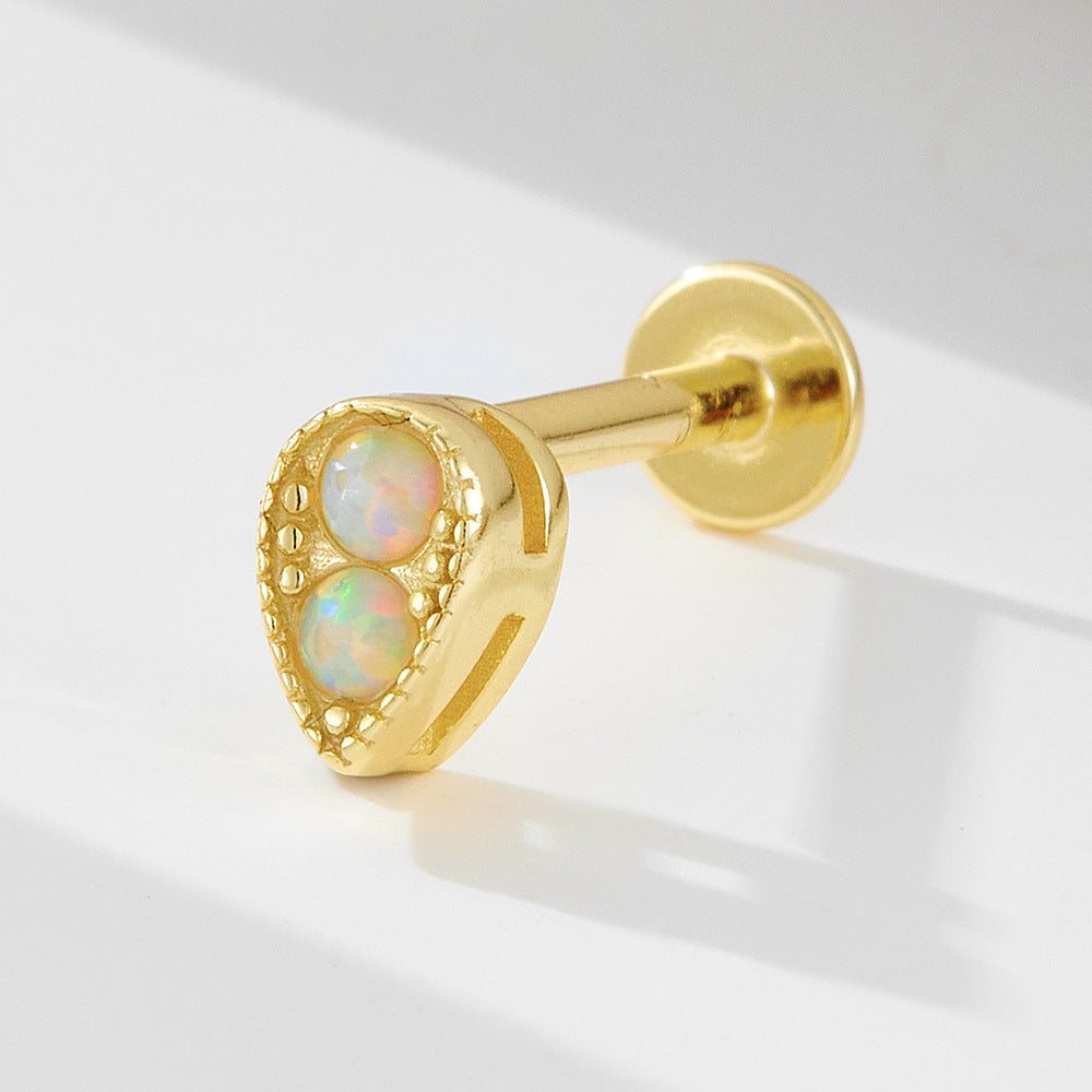 925 Sterling Silver Geometric Opal Labret Stud, Threaded Cartilage Piercing High-End Trendy Jewelry