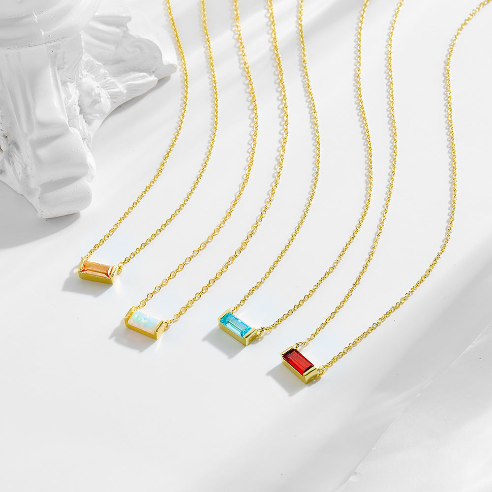 925 Sterling Silver Birthstone Pendant Necklace, Minimalist Lucky Stone Clavicle Chain