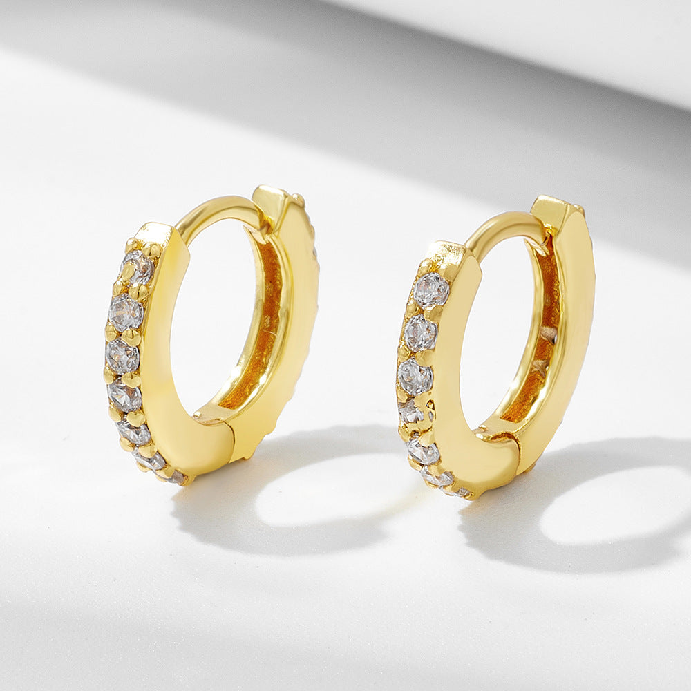 925 Sterling Silver Micro-Pave Zirconia Round Huggie Earrings, Minimalist High-End Jewelry