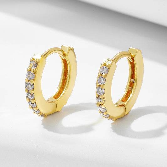 925 Sterling Silver Micro-Pave Zirconia Round Huggie Earrings, Minimalist High-End Jewelry