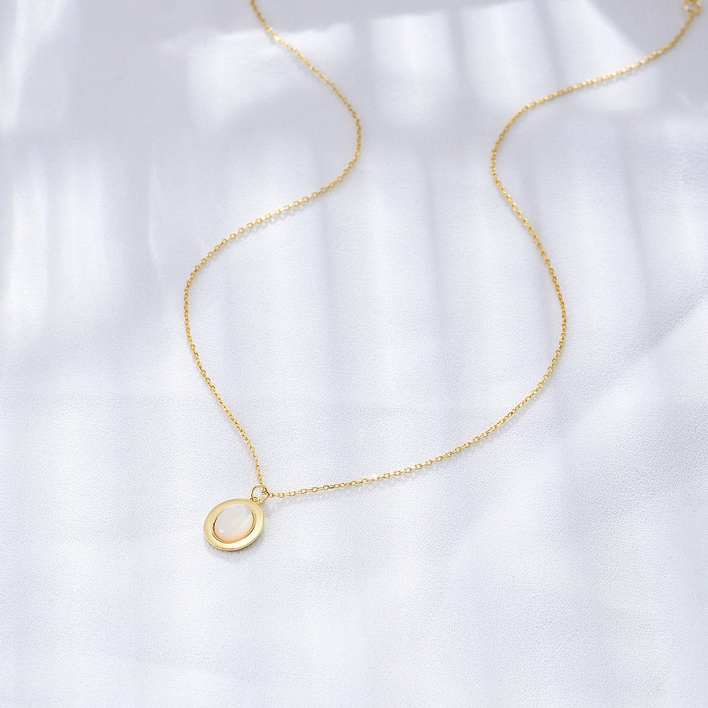 925 Sterling Silver Natural White Mother of Pearl Oval Necklace, Vintage Jewelry