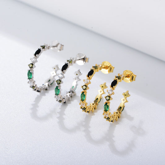 Elegant S925 Silver Rainbow C-Hoops - Chic Aesthetic Colored Zircon Earrings, Modern Luxury Geometric Studs