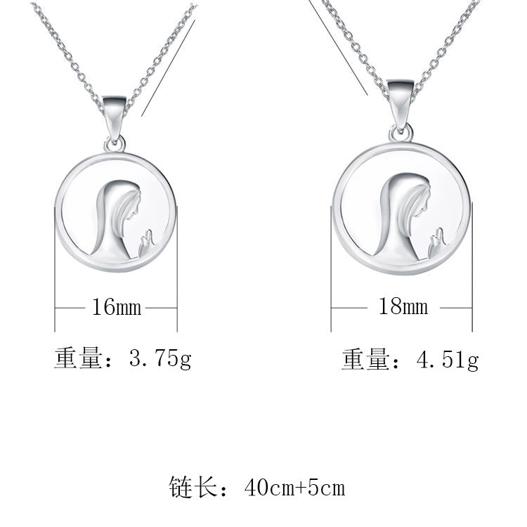S925 Silver Mother of Pearl Virgin Mary Portrait Pendant - Modern Retro Religious Aesthetic Chain