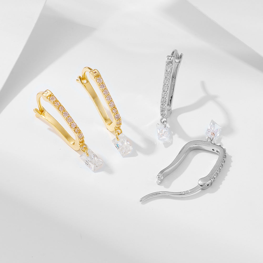 terling Silver Pave Square Zirconia U-Shaped Huggie Earrings for Women