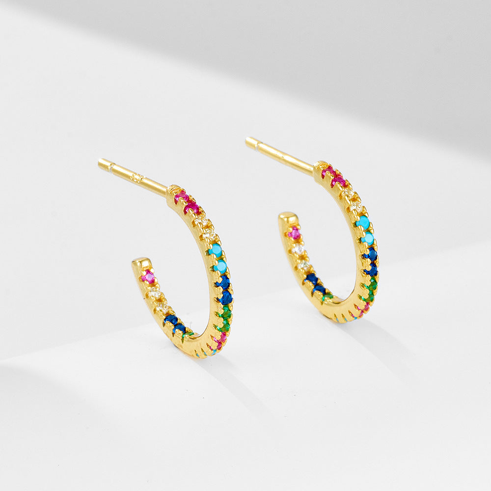 S925 Silver Rainbow C-Shape Earrings, Micro-Pave Zirconia Half Hoops for Women