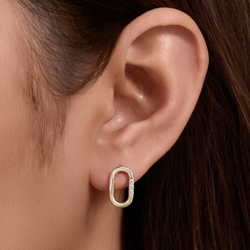 925 Sterling Silver U-Shape Hoop Earrings, Rectangular Zirconia Studs for Women, Minimalist Geometric Oval Ear Buckles
