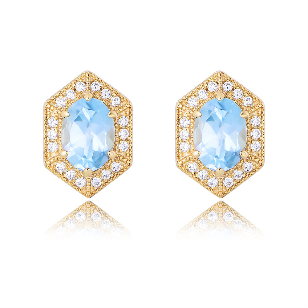 925 Sterling Silver Geometric Sky Blue Topaz Stud Earrings, Minimalist High-End Jewelry