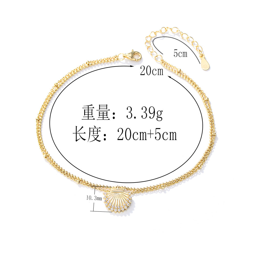 925 Sterling Silver Shell & Zirconia Anklet, Summer Beach Fashion Jewelry