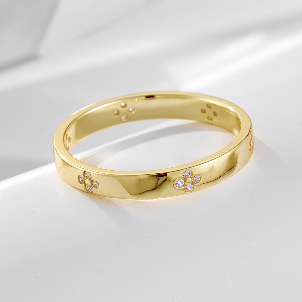 925 Sterling Silver Four-Leaf Clover Pave Zirconia Ring, Minimalist High-End Design Jewelry