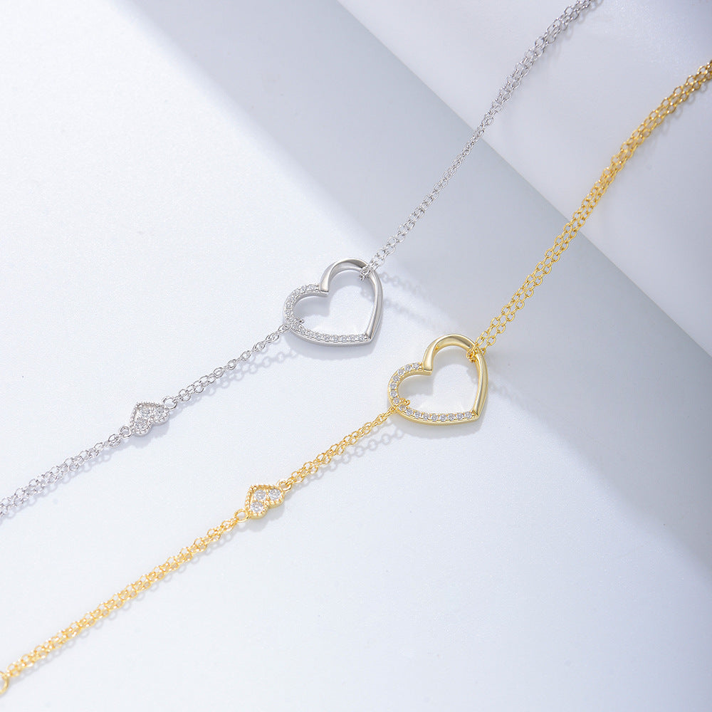925 Sterling Silver Double-Layer Heart Link Bracelet, Sparkling Zirconia Jewelry