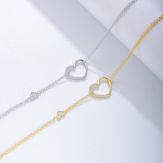 925 Sterling Silver Double-Layer Heart Link Bracelet, Sparkling Zirconia Jewelry