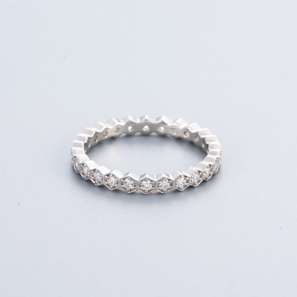 S925 Silver Hexagonal Zirconia Ring Set - Trendy Stackable Band for Women