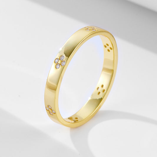 925 Sterling Silver Four-Leaf Clover Pave Zirconia Ring, Minimalist High-End Design Jewelry