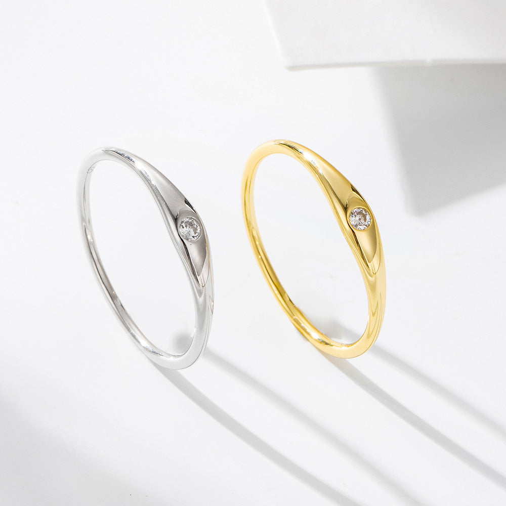 925 Sterling Silver Minimalist Single Diamond Band Ring, High-End Light Luxury Jewelry