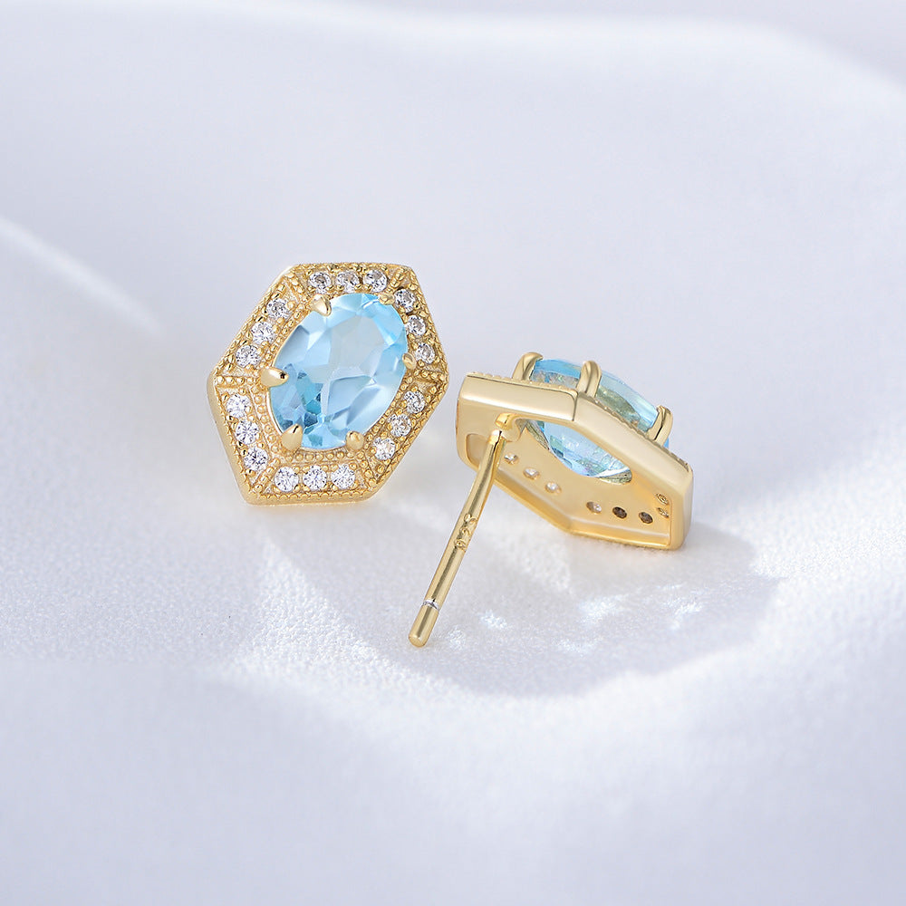 925 Sterling Silver Geometric Sky Blue Topaz Stud Earrings, Minimalist High-End Jewelry