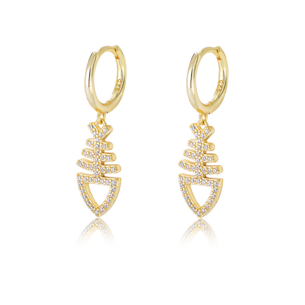 925 Sterling Silver Fish Bone Drop Earrings, Sparkling Zirconia Jewelry