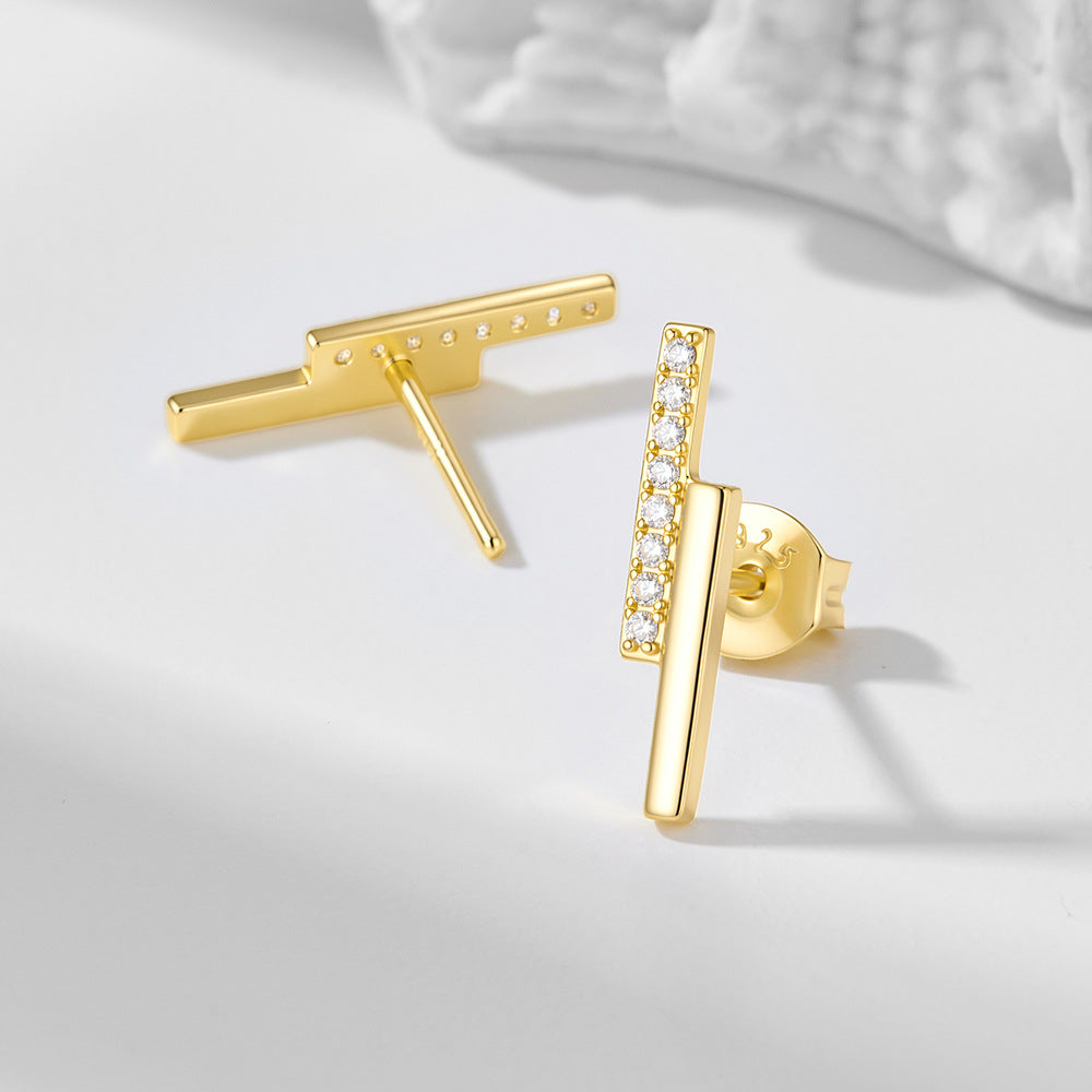 925 Sterling Silver Minimalist Double-Row Bar Stud Earrings, Geometric Line Pave Zirconia Jewelry