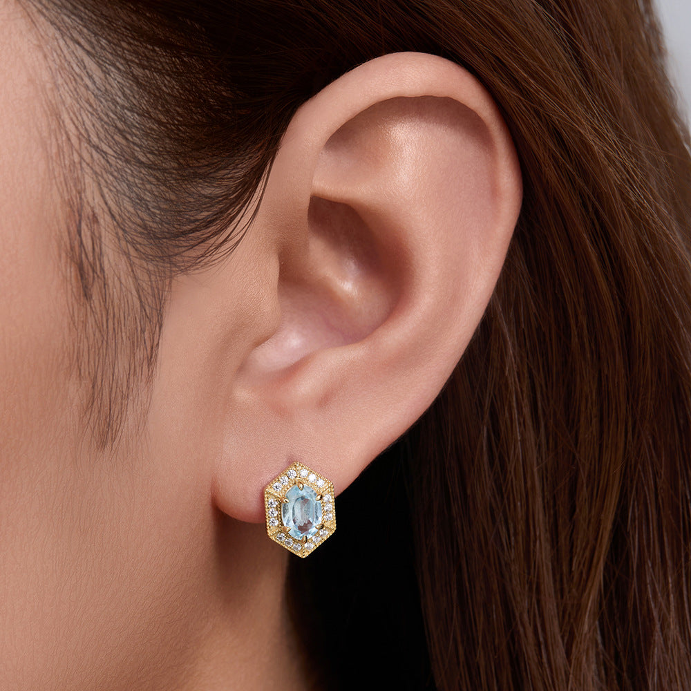 925 Sterling Silver Geometric Sky Blue Topaz Stud Earrings, Minimalist High-End Jewelry