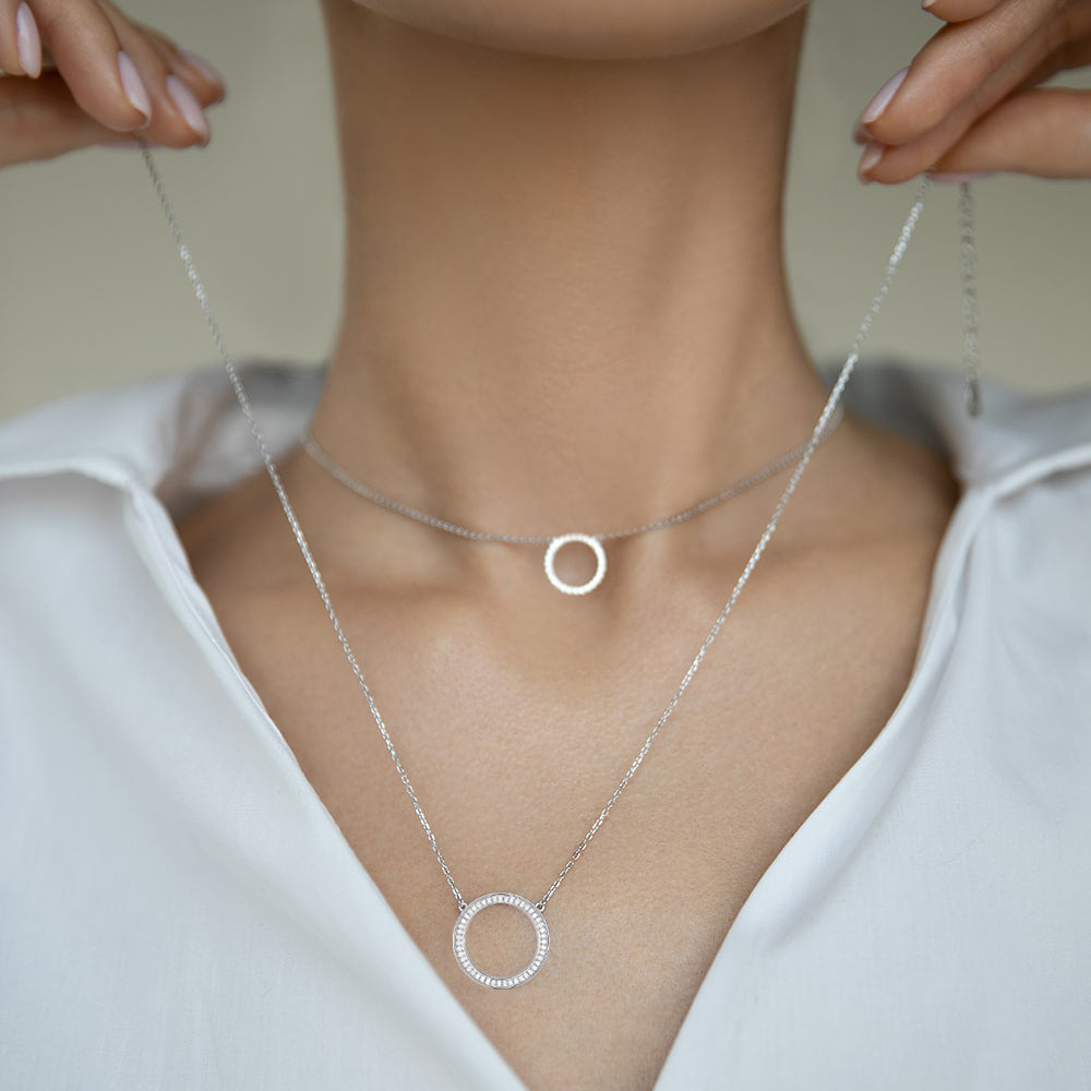 Zircon Circle Necklace Set - 925 Silver Geometric Layered Jewelry
