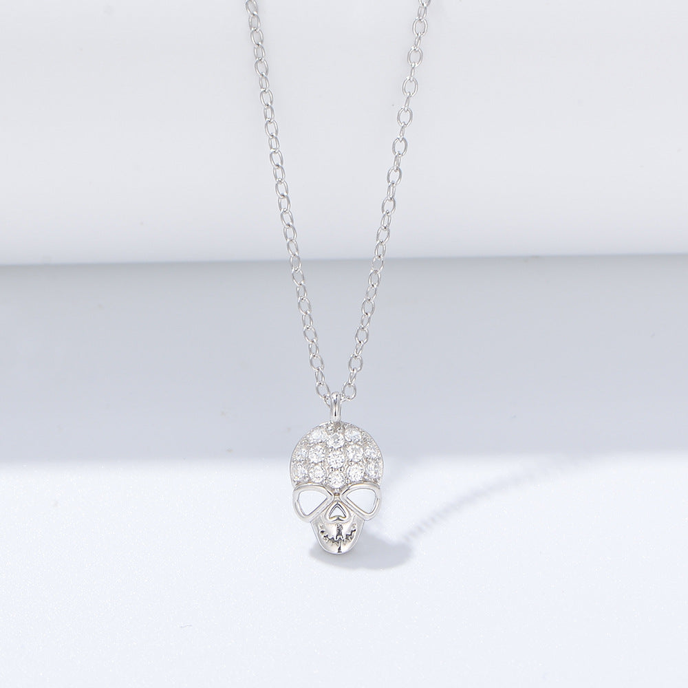 925 Sterling Silver Skull Pendant Necklace, Sparkling Zirconia Hip-Hop Jewelry