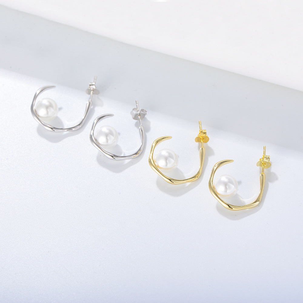 925 Sterling Silver Geometric C-Shape Shell Pearl Stud Earrings, Minimalist Jewelry