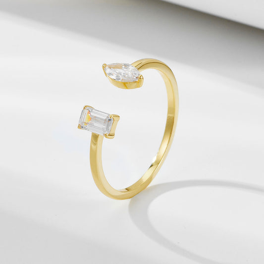 925 Sterling Silver Zirconia Open Ring, Light Luxury Geometric Ins Style Adjustable Jewelry