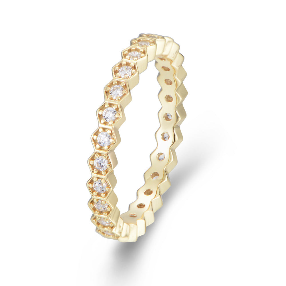 S925 Silver Hexagonal Zirconia Ring Set - Trendy Stackable Band for Women