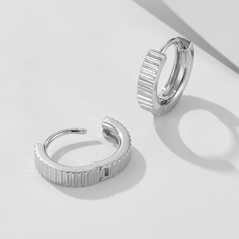 925 Sterling Silver Minimalist Grooved Hoop Earrings, High-Polished Striped Texture Huggie Jewelry