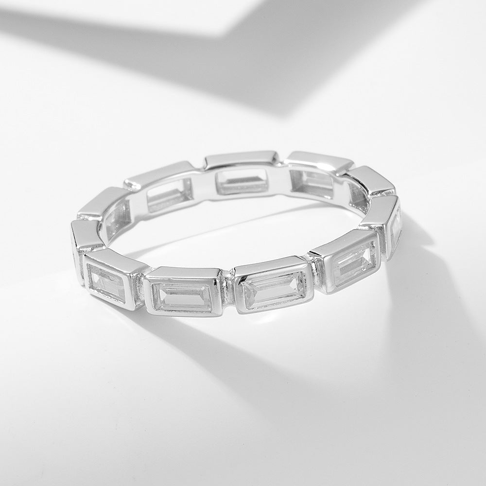 925 Sterling Silver Rectangular Zirconia Geometric Ring, Ins Style Stacking Minimalist Jewelry