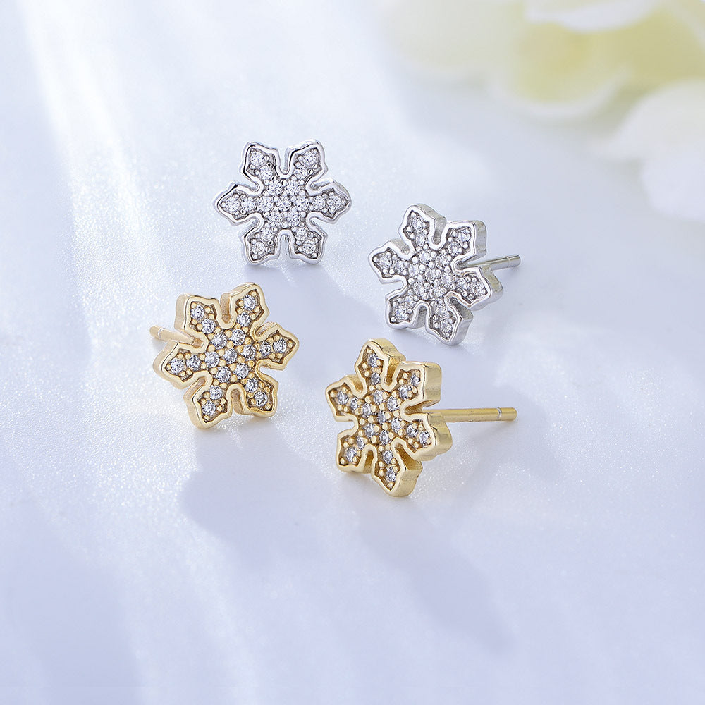 925 Sterling Silver Snowflake Zirconia Stud Earrings, Minimalist Winter Jewelry