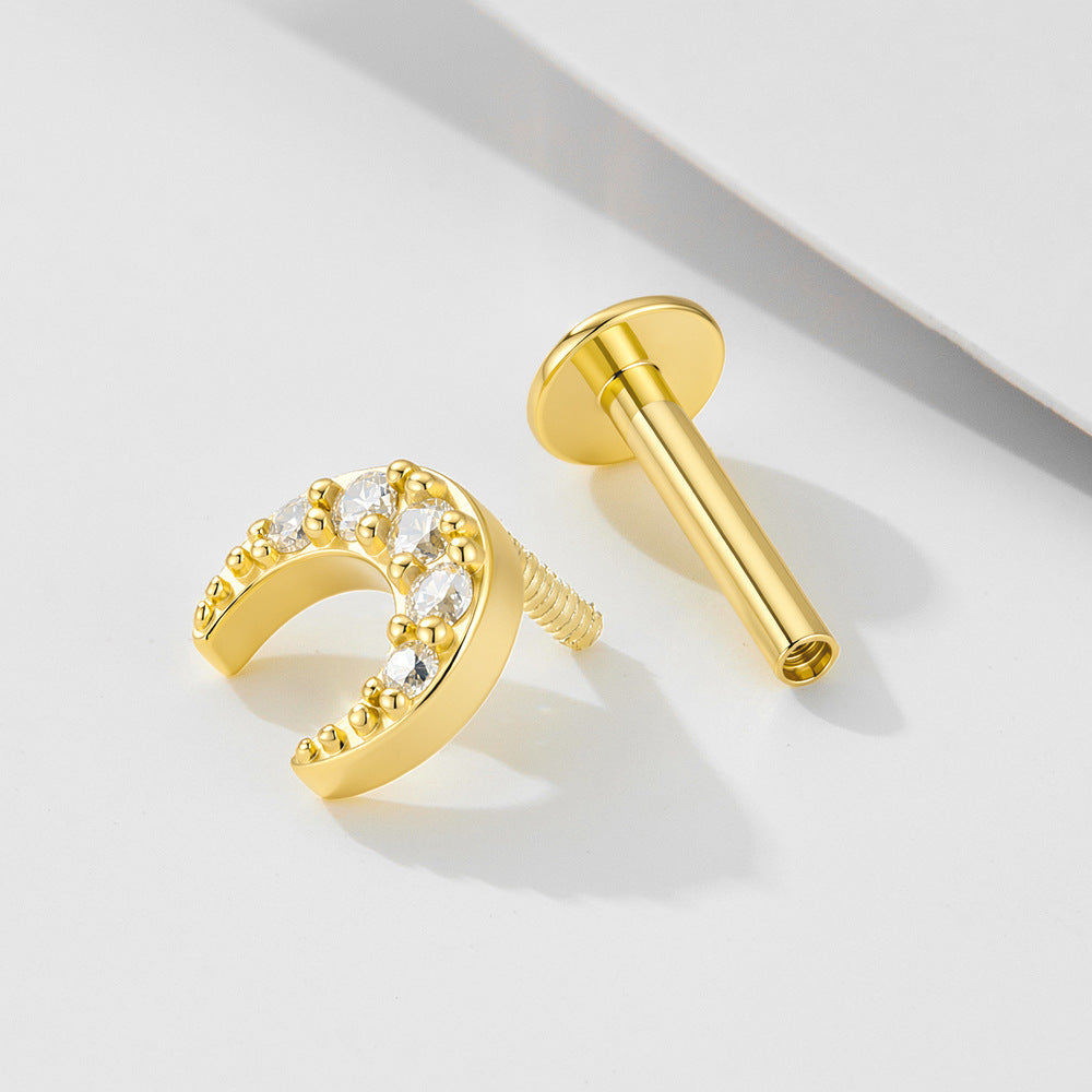 925 Sterling Silver Pave Zirconia Moon Labret Stud, Minimalist Flat Back Cartilage Piercing