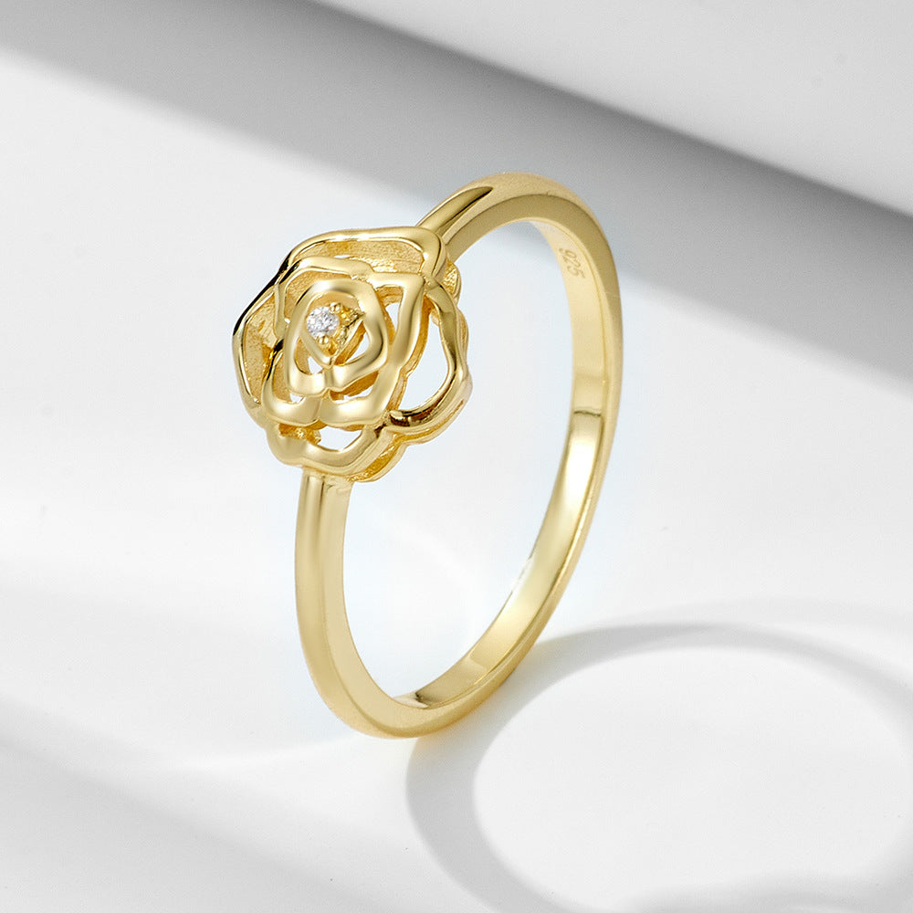 925 Sterling Silver Camellia Flower Ring, French Romantic High-End Design Jewelry