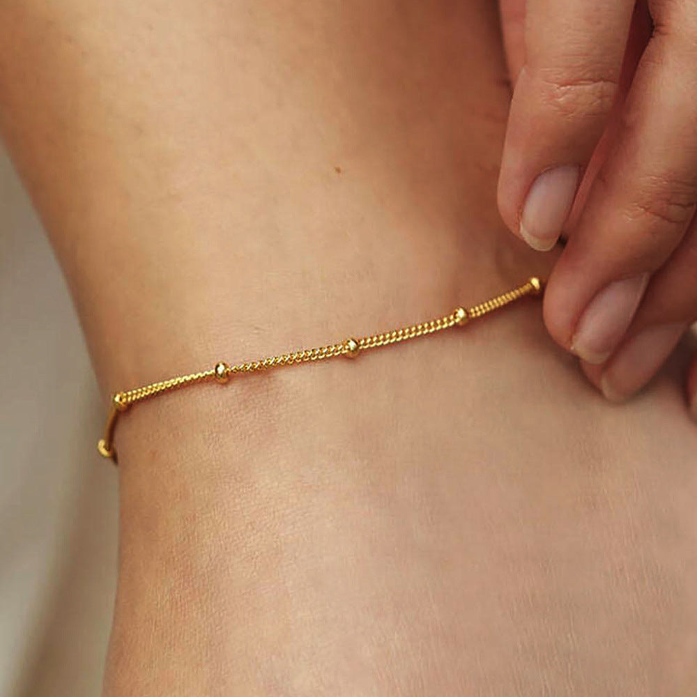 925 Sterling Silver 14K Gold Plated Tiny Bead Anklet, Retro Classic Minimalist Foot Jewelry