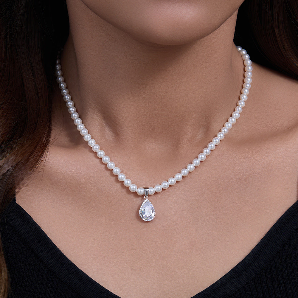 Sterling Silver Dainty Teardrop Charm Pearl Necklace for Women, Modern Chic Aesthetic