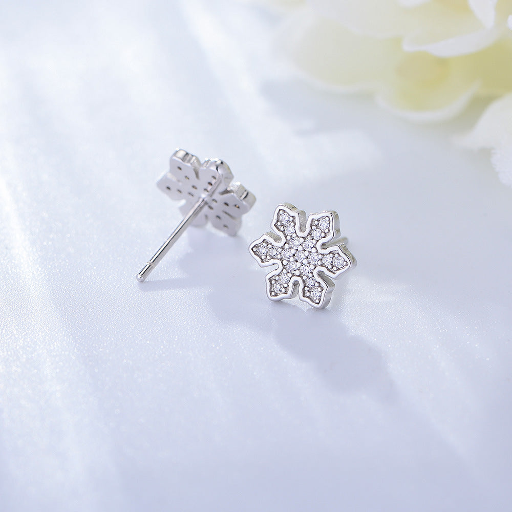 925 Sterling Silver Snowflake Zirconia Stud Earrings, Minimalist Winter Jewelry