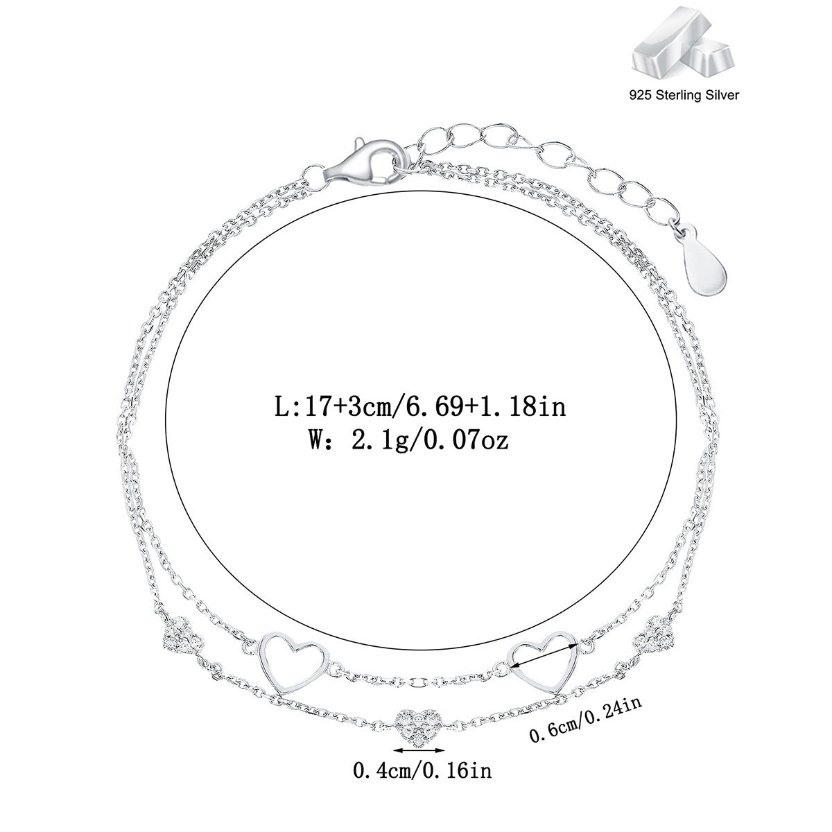Full Zircon Heart Bracelet - S925 Silver Sweet Valentines Gift
