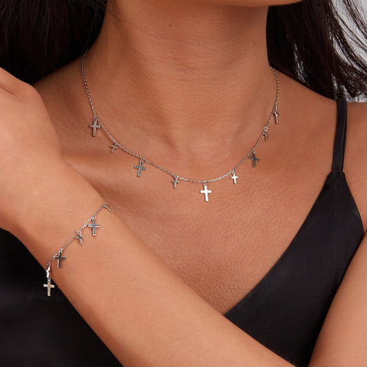 925 Silver Crucifix Jewelry Set | Tassel Necklace, Bracelet, Anklet