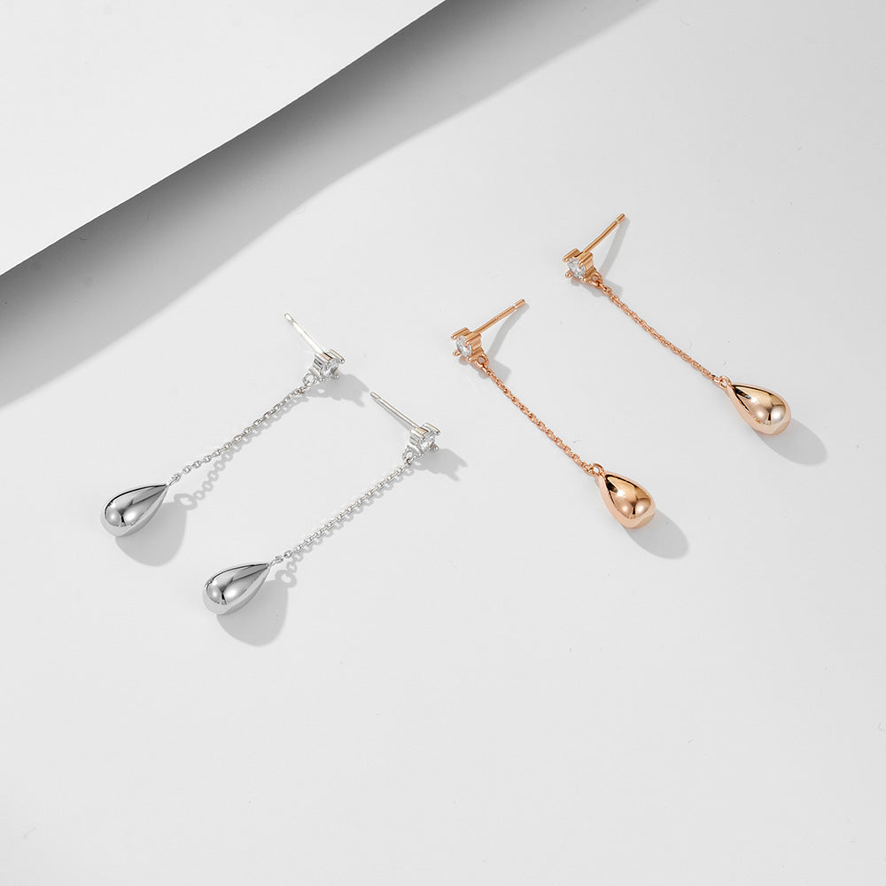 Sterling Silver Sleek Teardrop Dangle Earrings with Long Tassel for Women