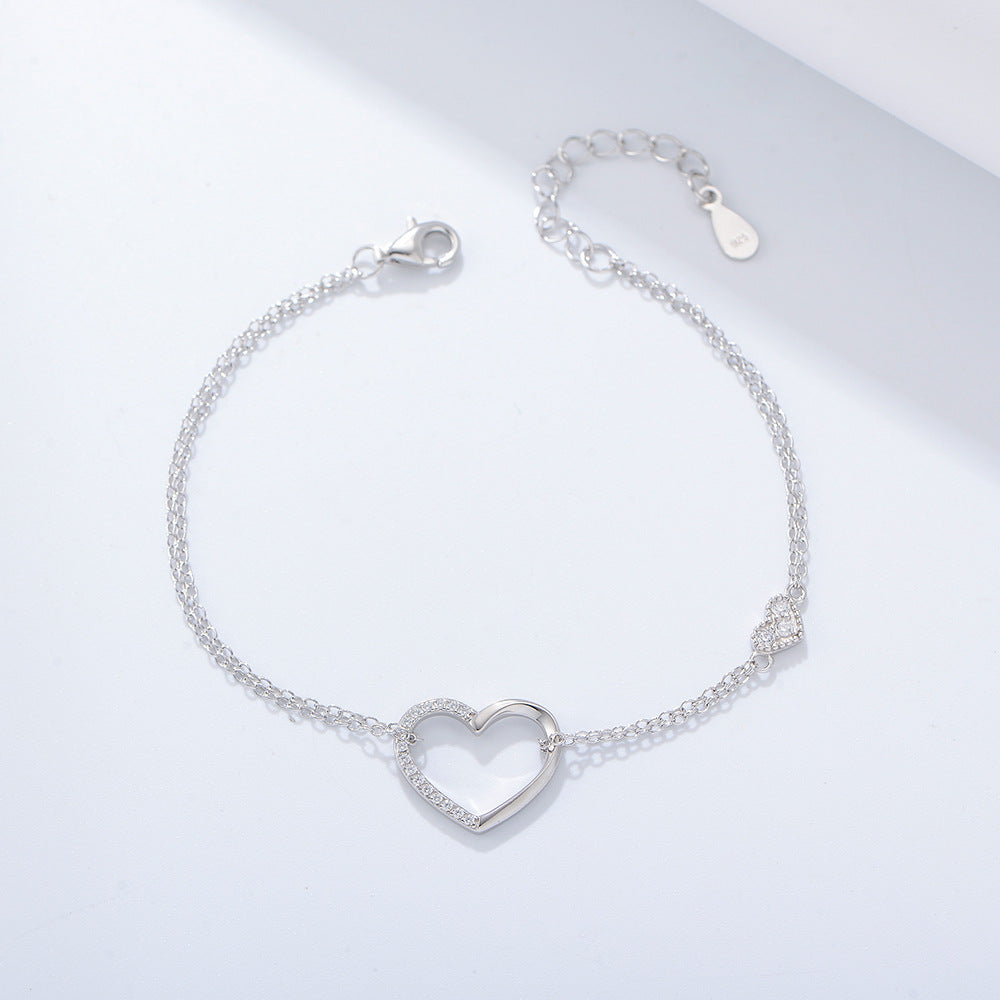 925 Sterling Silver Double-Layer Heart Link Bracelet, Sparkling Zirconia Jewelry