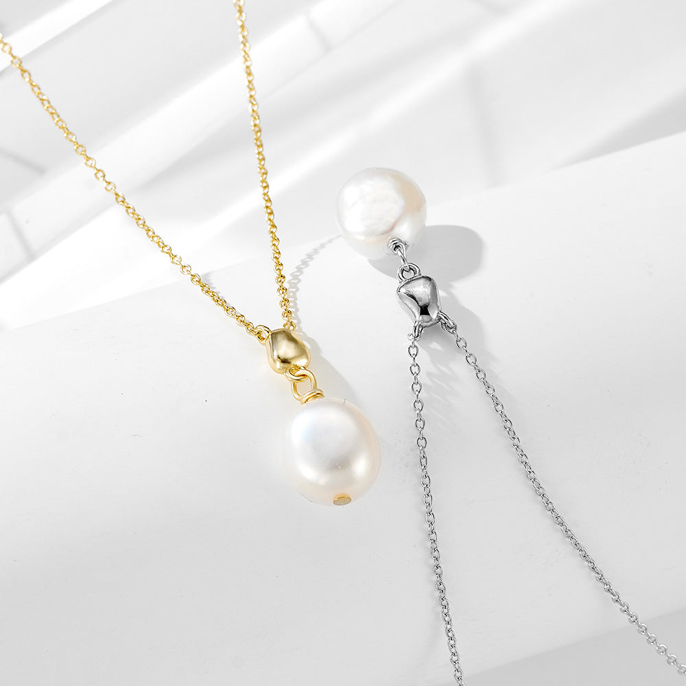 Sterling Silver Graceful Baroque Pearl Necklace for Women, Modern Aesthetic Accessory