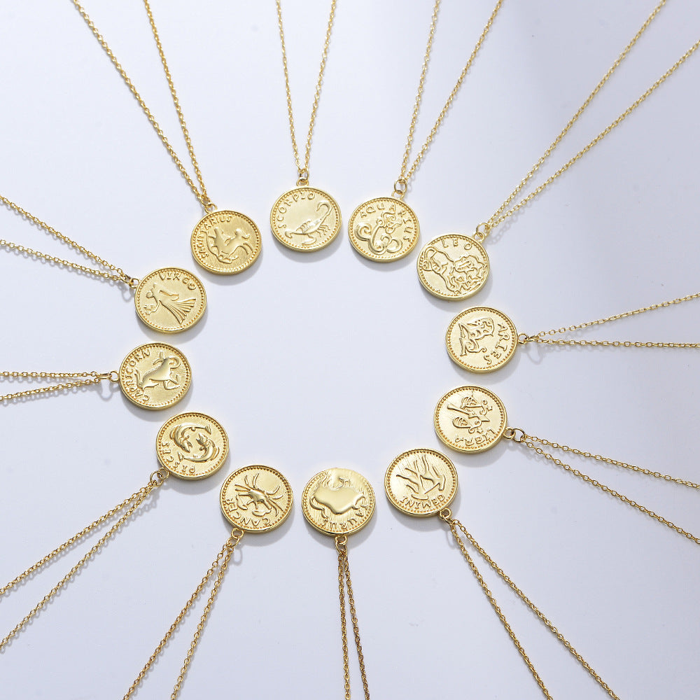 925 Sterling Silver Gold Plated 12 Zodiac Coin Necklace, Vintage Ins Style Jewelry