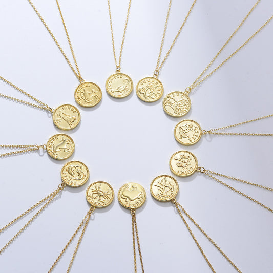 925 Sterling Silver Gold Plated 12 Zodiac Coin Necklace, Vintage Ins Style Jewelry
