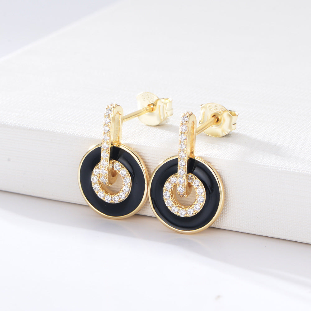 925 Sterling Silver Enamel Hoop Earrings, Pave Zirconia Geometric Studs
