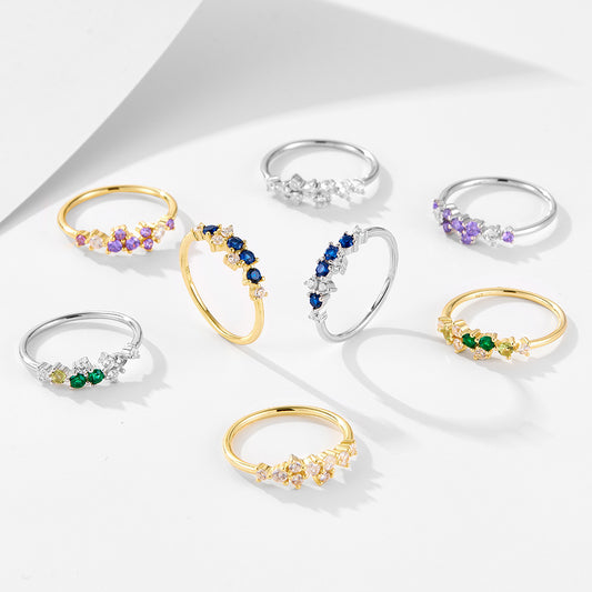 925 Sterling Silver Minimalist Colorful Zirconia Ring, Japanese Style Light Luxury Stackable Jewelry