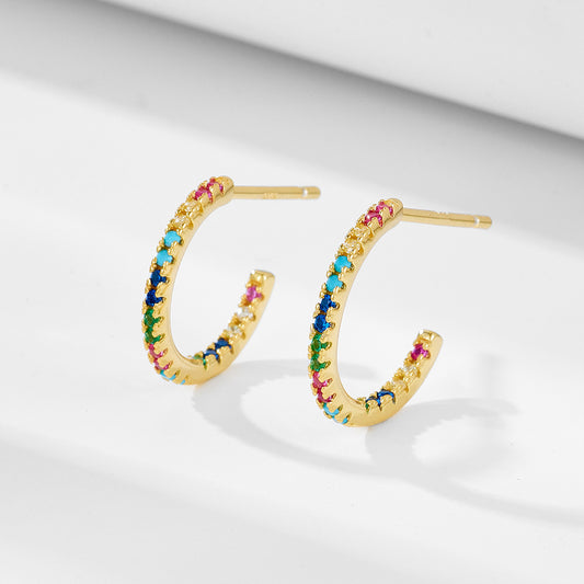 S925 Silver Rainbow C-Shape Earrings, Micro-Pave Zirconia Half Hoops for Women