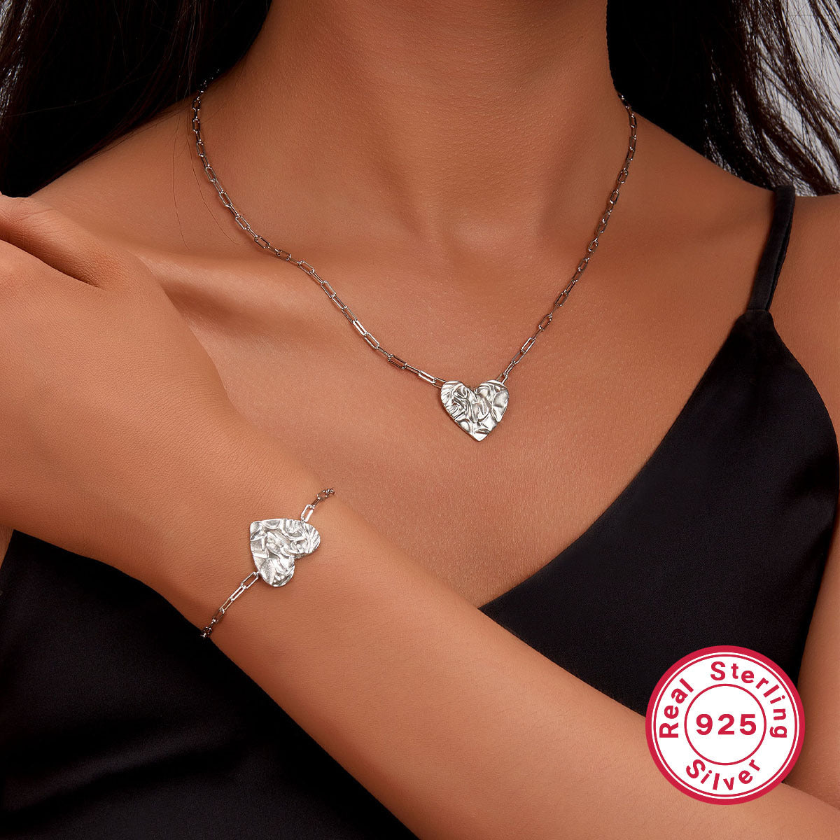 S925 Heart-Textured Necklace & Bracelet Set | Light Luxury Series