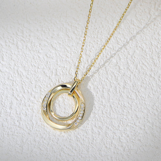 925 Sterling Silver Interlocking Double Circle Pave Zirconia Necklace, Vintage High-End Jewelry