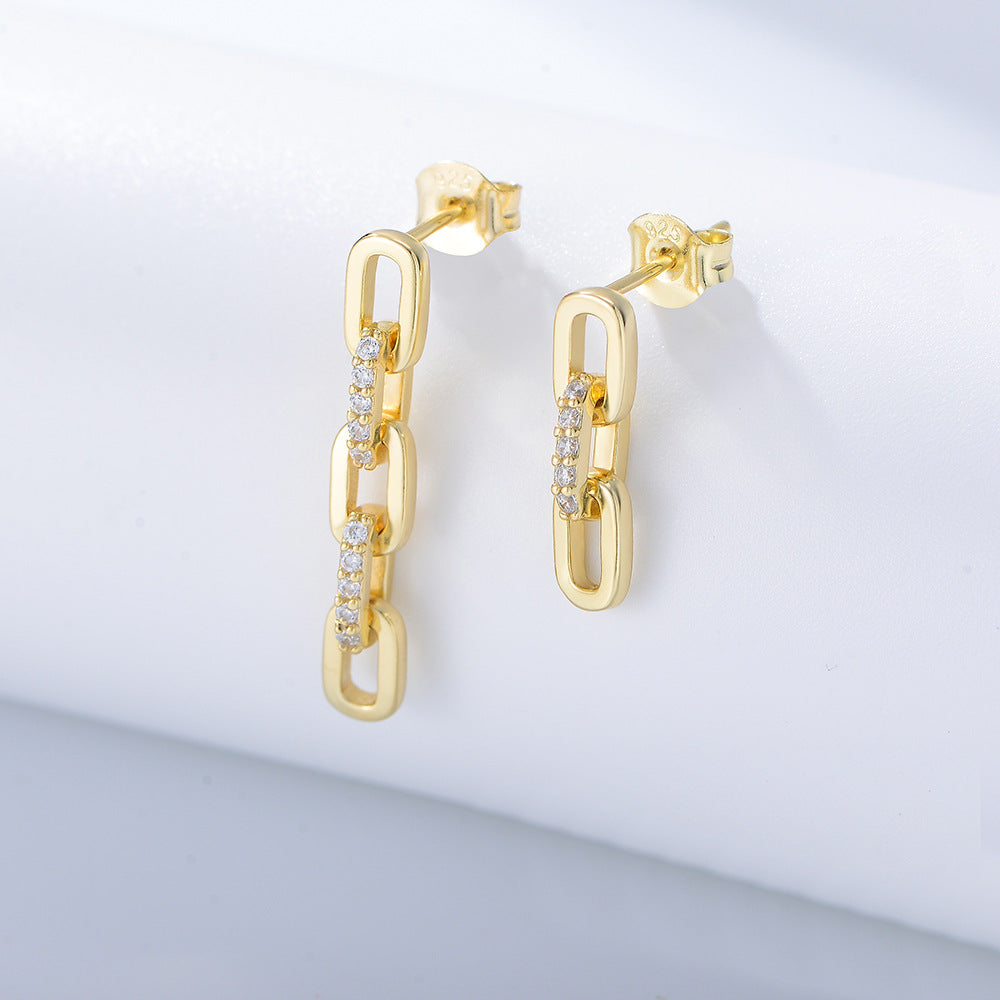 Sterling Silver Pave Zirconia Asymmetric Link Chain Drop Earrings for Women